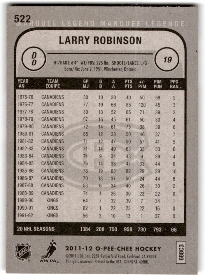 2011-12 O-Pee-Chee Legend Larry Robinson #522 Montreal Canadiens - Image 2 of 2