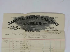 1908 Receipt From Samuel Heath Lumber Co. Trenton, NJ, Bill Head, Ephemera