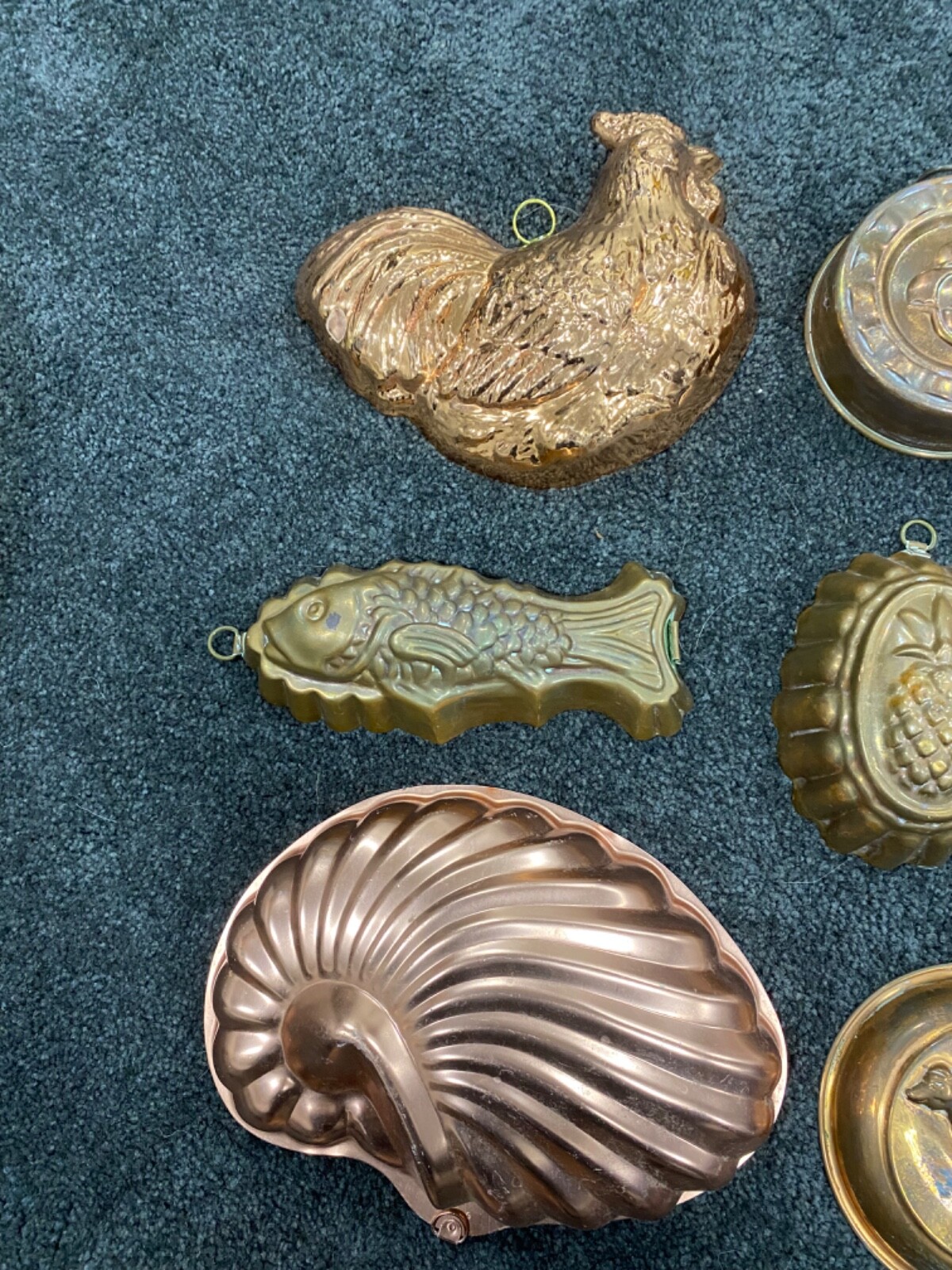 LOT OF 11 VINTAGE COPPER JELLO MOLDS, FISH, LOBSTER, BUNDT PANS + MUCH