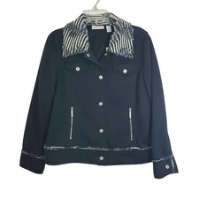 NWT Chico's Faux Fur Zebra Trim Jacket Black Boho Artsy Animal Safari Medium