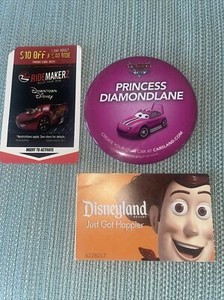 “CARS” Disneyland Princess Diamondlane Large (3") Lapel Pin/Ticket/Woody Ticket