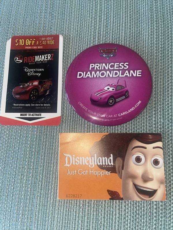 “CARS” Disneyland Princess Diamondlane Large (3") Lapel Pin/Ticket/Woody Ticket