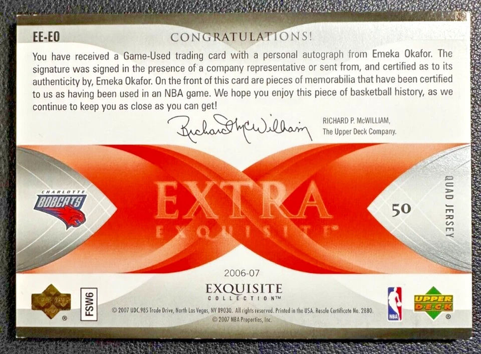 EMEKA OKAFOR 2006-07 UD 精致系列超四球衣亲笔签名 06/10 — 第 2/2 张图片