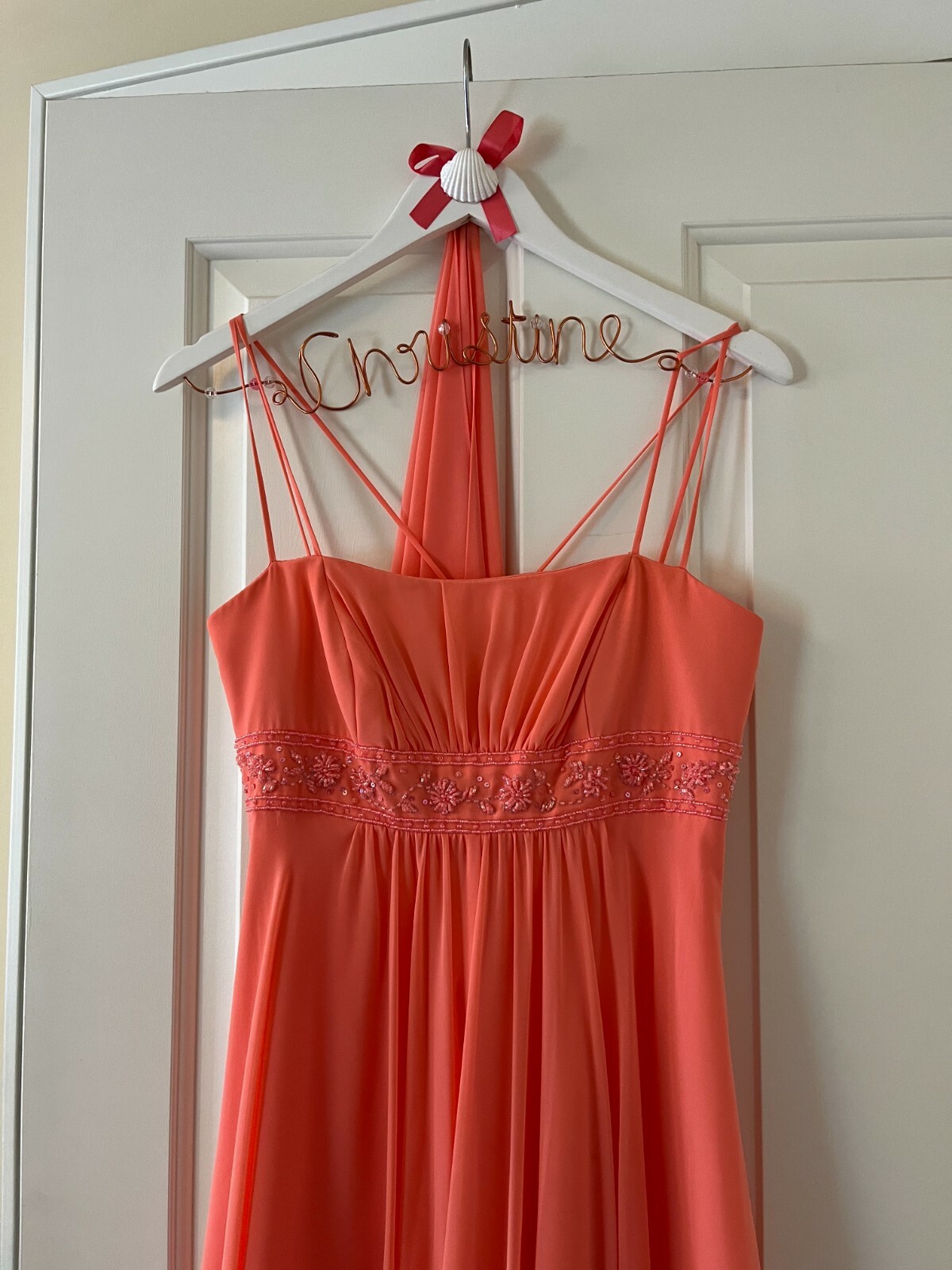 David's Bridal Coral Bridesmaid/Prom Dress with BuiltIn Beaded Belt