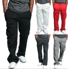 Men's Jogger Heavy Weight Fleece Cargo Pocket Sweat Pants Drawstring Trousers