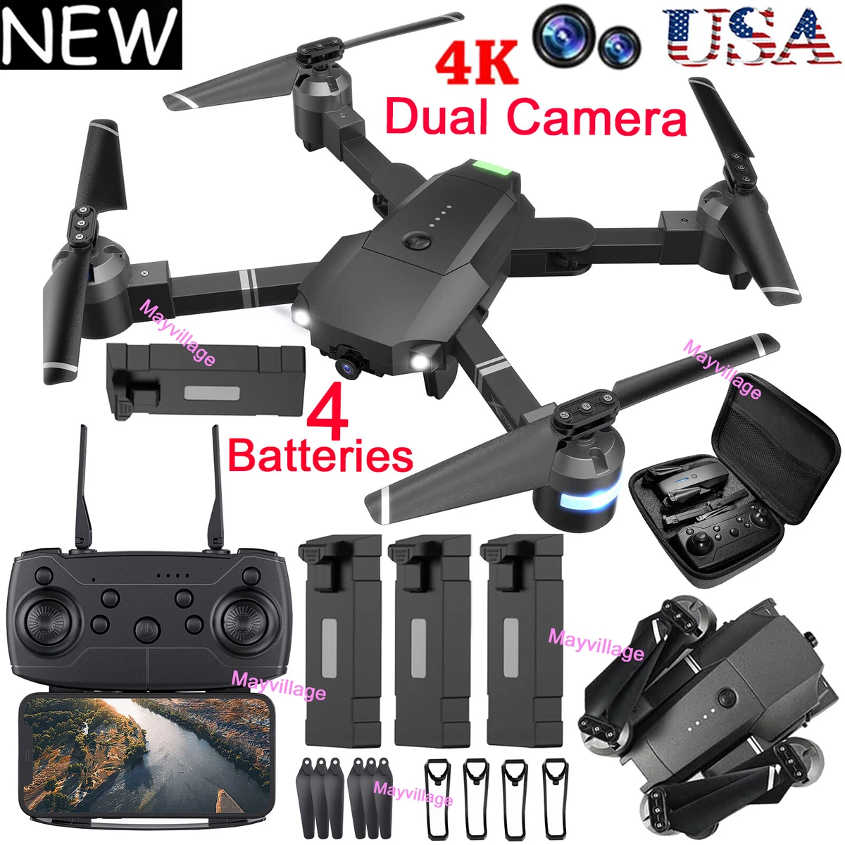 2022 New RC Drone With 4K HD Dual Camera WiFi FPV Foldable Quadcopter +4  Battery