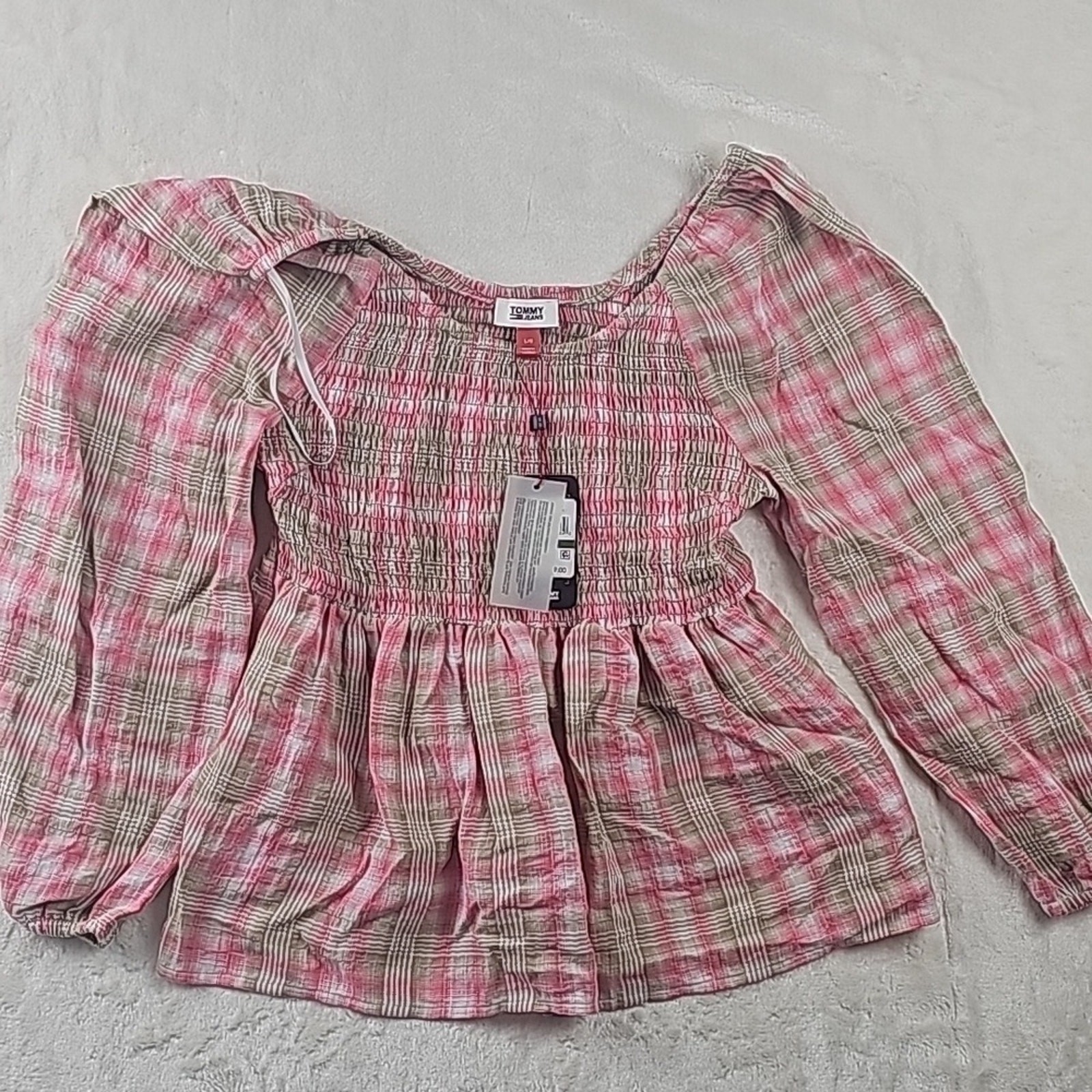 Tommy Jeans Women's Large Off-Shoulder Boho Pink Tartan Beige Tunic Gypsy Shirt