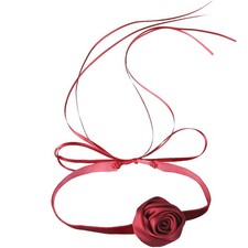 Red Satin Ribbon Choker with Rose Detail - Romantic Self-Tie Adjustable Necklace