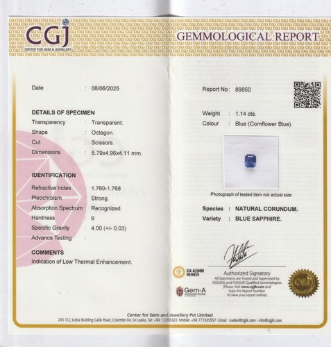 1.14 Cts Certified Natural Cornflower Blue Sapphire Radiant Gemstone jewellery - Picture 3 of 7