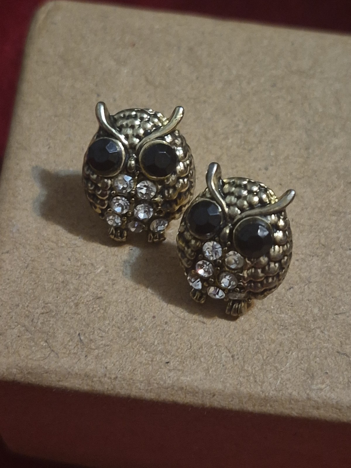 Vintage Gold Tone Rhinestone Owl Stud Earrings Retro Boho Jewelry