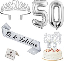 50th Birthday Decorations for Women Silver with 50th Birthday Sash and Crown,...