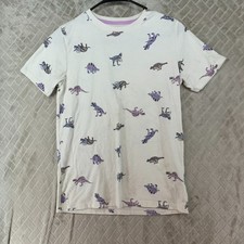 Cat Jack Kids L T-Shirt White Pink Dinosaur All Over Print Short Sleeve