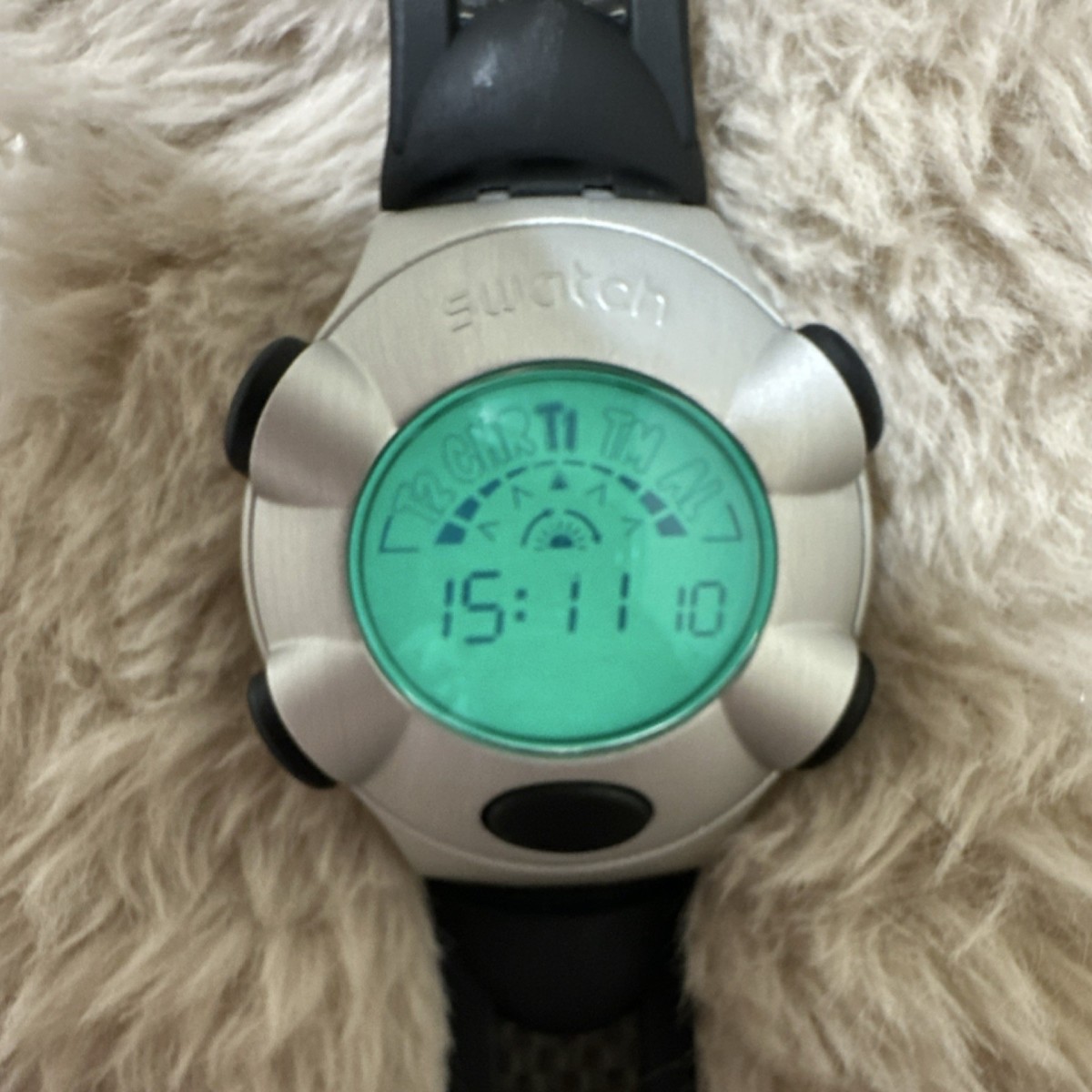 Swatch Beat Aluminium Digital Quartz Wristwatch Black Band Silver