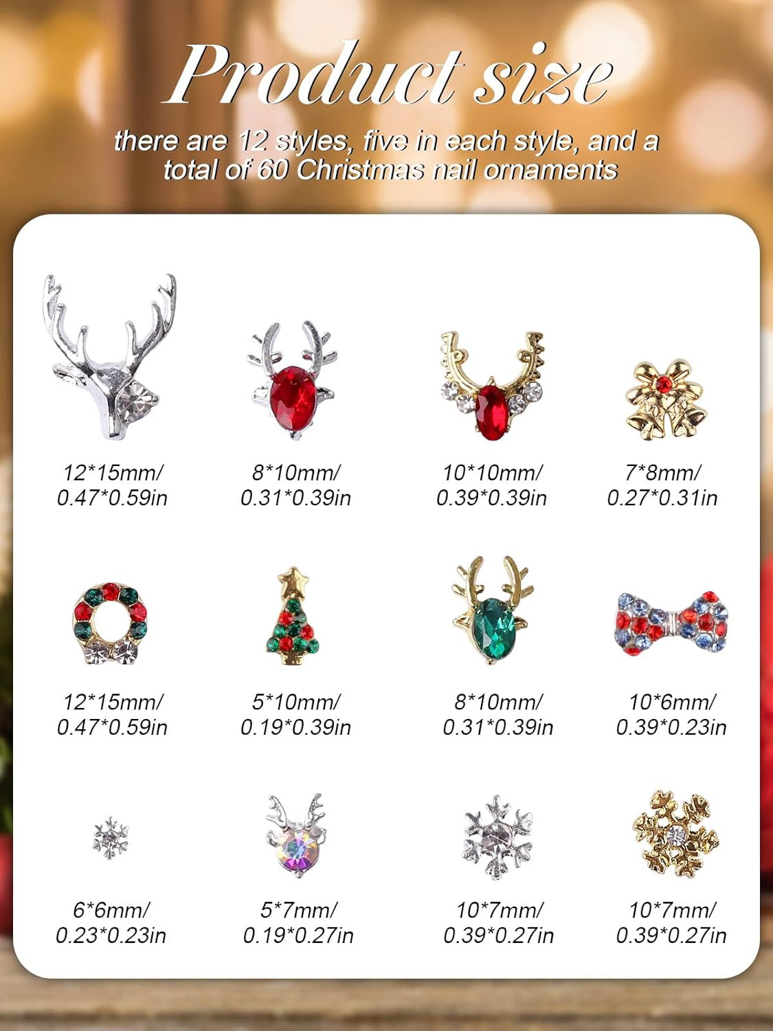 60 Pcs Nail Charms Decorations 3D Colorful Charms for Nails Alloy Christmas Tree