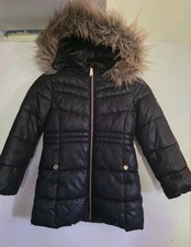 Michael Kors Girls Black Mid-Length Puffer Coat Faux Fur Hood Full Zip Size 5-6