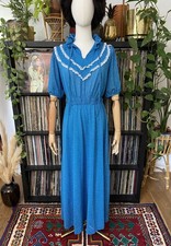 Vintage 1970s Blue Polka Dot Prairie Dress
