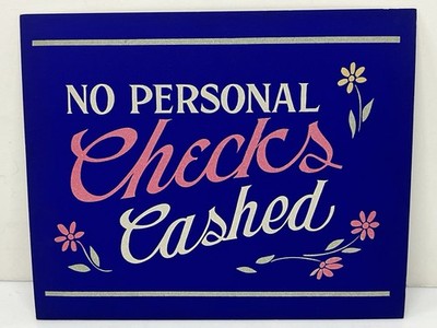 Vintage Original 1950s Cardboard 9X11 Blue Sign No Personal Checks Cashed