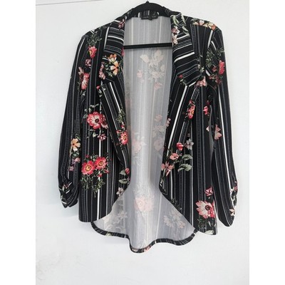 Moa Moa Womens Floral Striped Open Front Blazer Ruched Sleeve Black Large