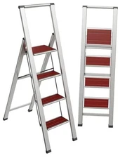 Step Ladder 4 Step Folding, Decorative - 4-Step Mahogany - Silver Aluminum