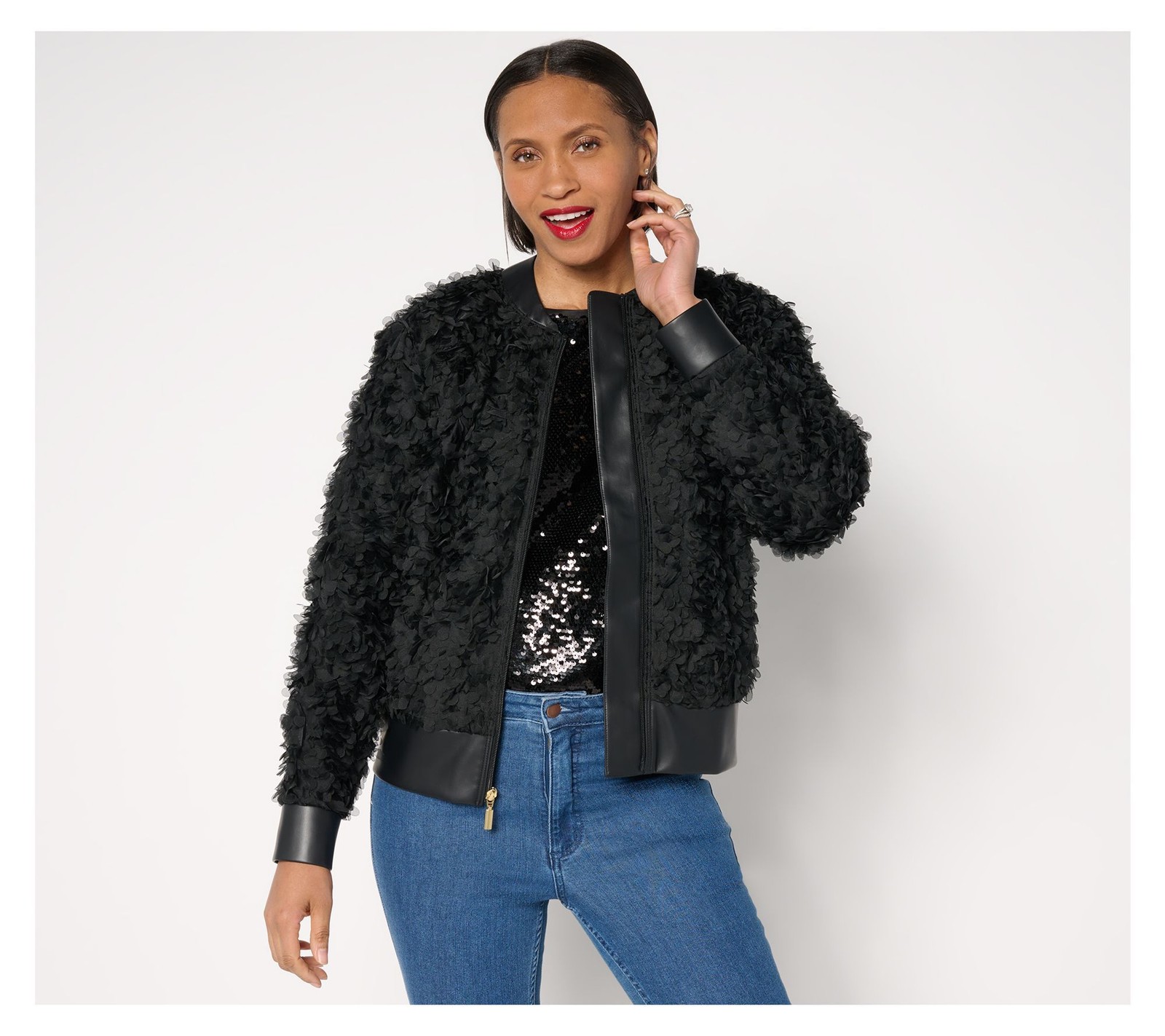 Mally Roncal Women's Jacket Sz XL Rosebud Textured Bomber Black A682241