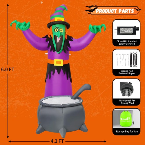 6FT Halloween Inflatables Animated Witch Waving Hands Blow Up Outdoor Yard De... - Picture 5 of 8