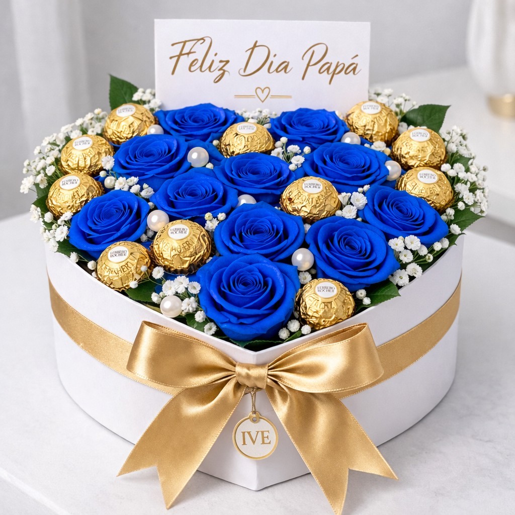 Ferrero Rocher IVE Gift Assortment Blue Roses Chocolates Gold Ribbon Heart Box