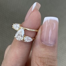 Three Stone Ring Yellow Gold 1.6ct F/VS2 Pear Cut Lab Created Diamond Certified