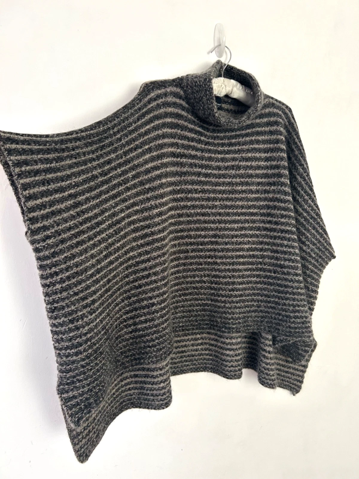 Zara Knit Poncho Women Italian Yarn High Neck Grey Stripe Relaxed Fluffy Size M