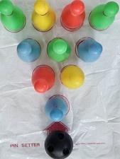 Vintage Mini Bowling Game Set Plastic Pins Ball Pin Setter Hong Kong Tabletop