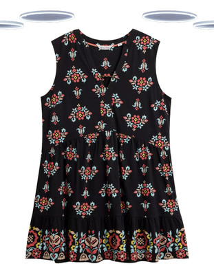 Ex White Stuff Damen Tunika Kleid - Ärmellos Jersey Abstrakt Blumen Schwarz Mix