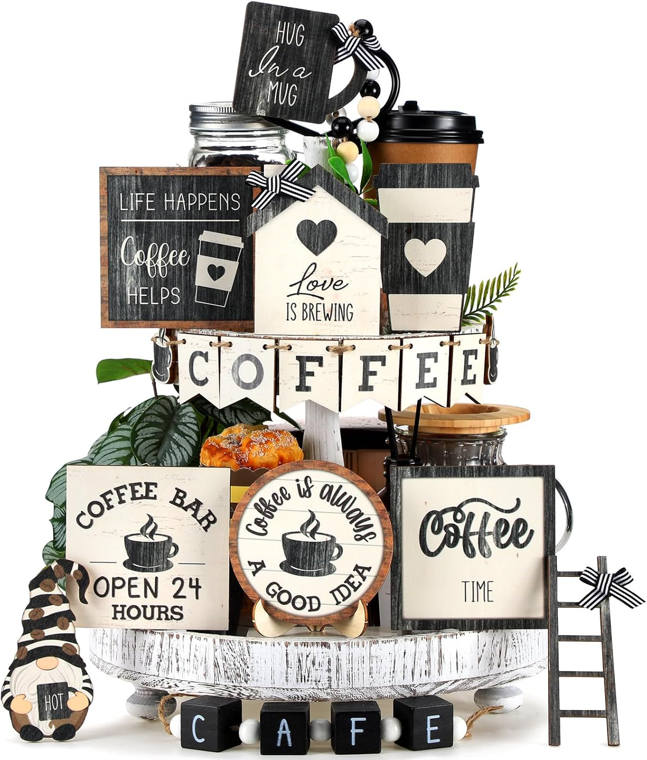 17-Piece Wooden Coffee Bar Decor Set - Farmhouse Tiered Tray Kit