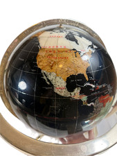 : Vintage gemstone inlay world globe on brass stand 18in rotating