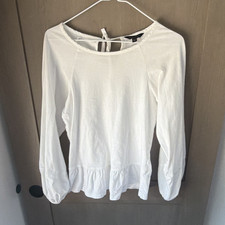 Banana Republic Women's XXS White Solid Round Neck Long Sleeve Ruffle Hem Blouse