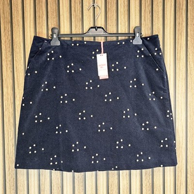 White Stuff Minirock UK 16 Navy Star Cloud Samt Gold Punkte Muster Neu