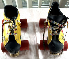 Vintage 70s 80s Kids Roller Skates Yellow Leather Red Wheels Disco Quad Skate