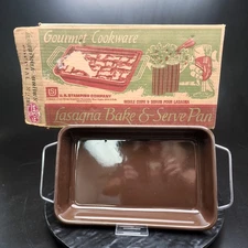 US Stamping Co N296 Gourmet Lasagna Pan Casserole Vintage Brown Enamel w/Box