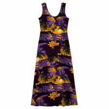 Vtg 90s Tropical Sunset Floral Hawaiian Maxi Dress Purple Cruise Vacay Resort M