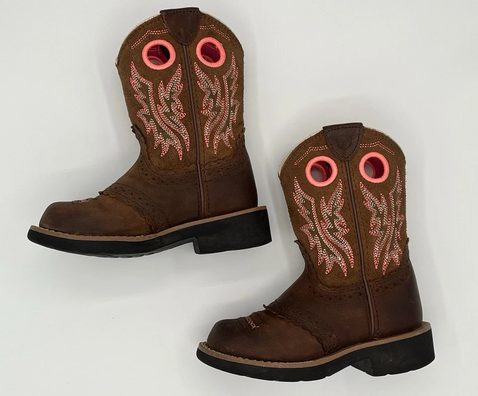 Ariat Fatbaby Leather Cowgirl Boots Kids Size 9 M Brown Pink Stitching With Box - Image 2 of 4