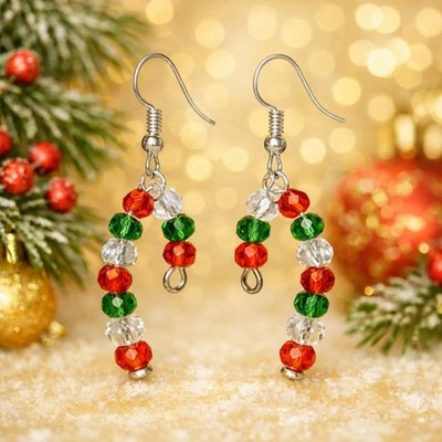 Fun Unique Red, White Green Candy Cane Fishhook Earrings #C95