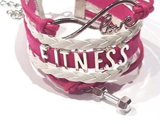 Pulsera GIMNASIO Cuerda Trenzada Infinity Love FITNESS con Dije de Peso Blanco y Rosa Caliente