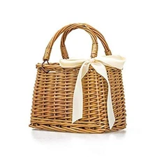 Natural Hand-Woven Round Wicker Picnic Basket Bucket Handbag Retro Summer Women