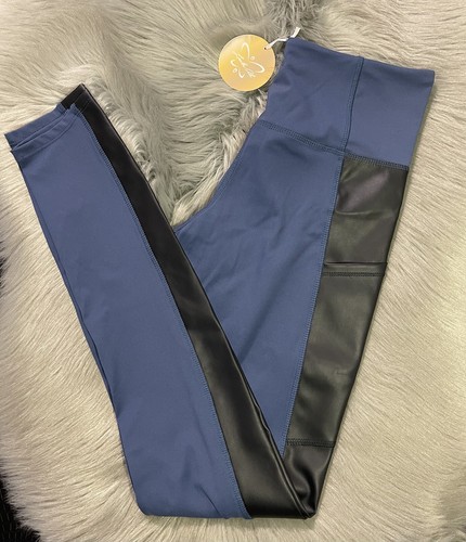 NWT Laila Ali Sculpted Faux Leather Trim HighRise Leggings Size Small Navy Black - Picture 3 of 12