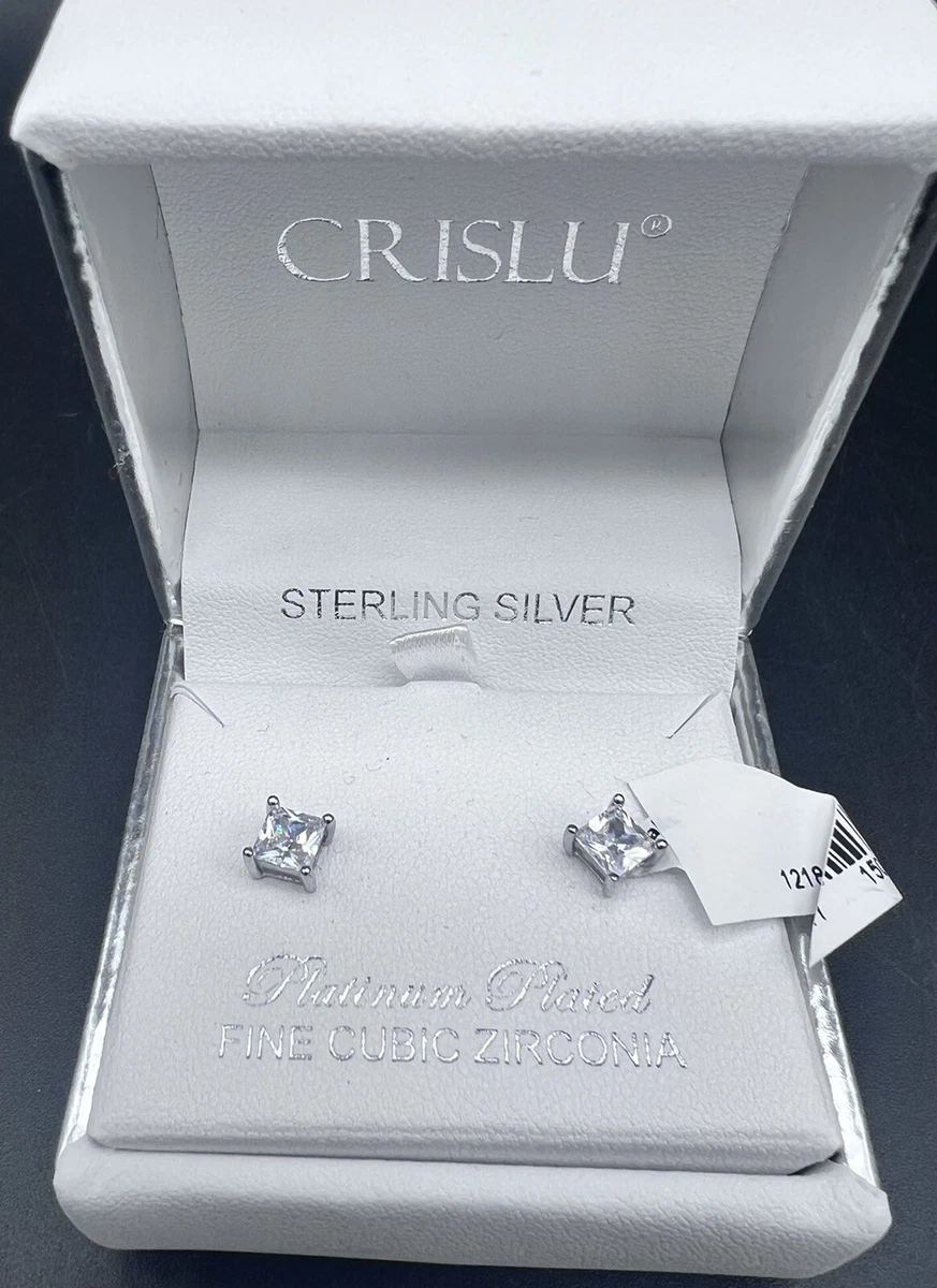 CRISLU Stud Earrings Princess 1.0 CT CUBIC ZIRCONIA Platinum Sterling Silver  BOX