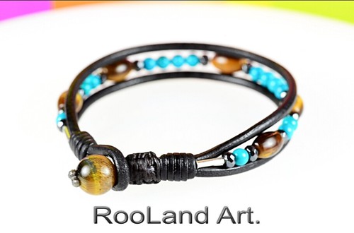 HANDMADE Tiger's Eye Turquoise Leather Armband Wristband Bracelet 7B-196 - Picture 2 of 6