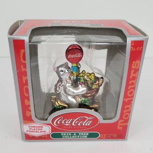 90s Vintage Coca Cola Chrome Plated Porcelain Polar Bear Christmas Ornament