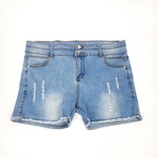 Womens Denim Shorts 12 Blue Mid Rise Stretch Distressed Jeans Fringe Hem