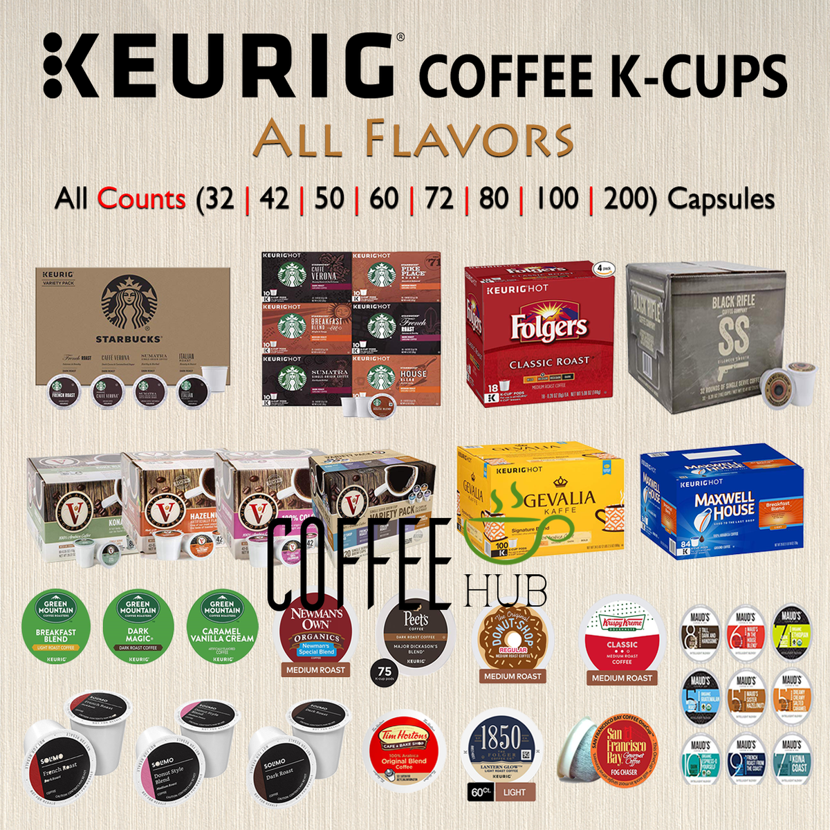 Coffee Pods K Cups Capsules 40 50 72 80 or 200 count Packs Keurig ALL  FLAVOR lot