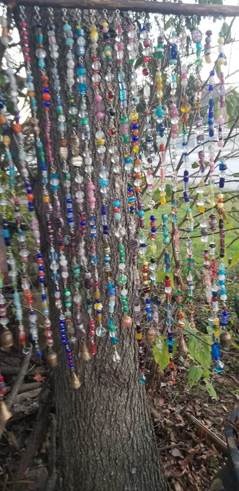 Hecho a mano vintage con cuentas de vidrio, campanas, cortina de mármol de colección atrapasol 9 sq. ft. Foto 3 de 4