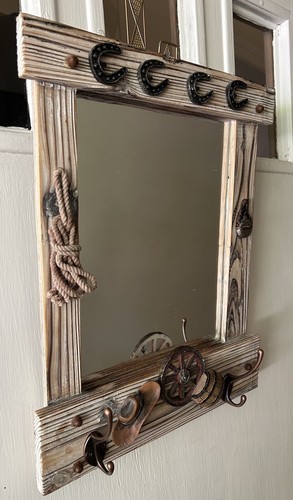 Rustic 2 Coat Hook Rack Mirror Combo Cowboy Themed Hanging Wall Home Decor - Picture 6 of 17