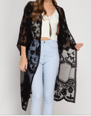 Kimono Sleeve Lace Open Front Cardigan Black